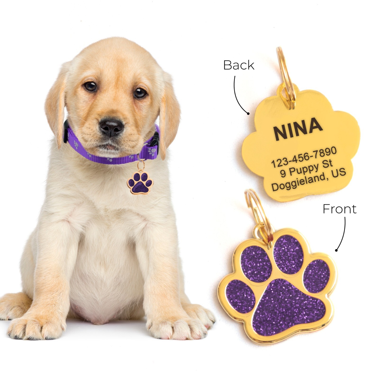 Custom Sparkly Gold Paw ID Tag Personalized Dog Engraved Puppy Cute Name Shiny
