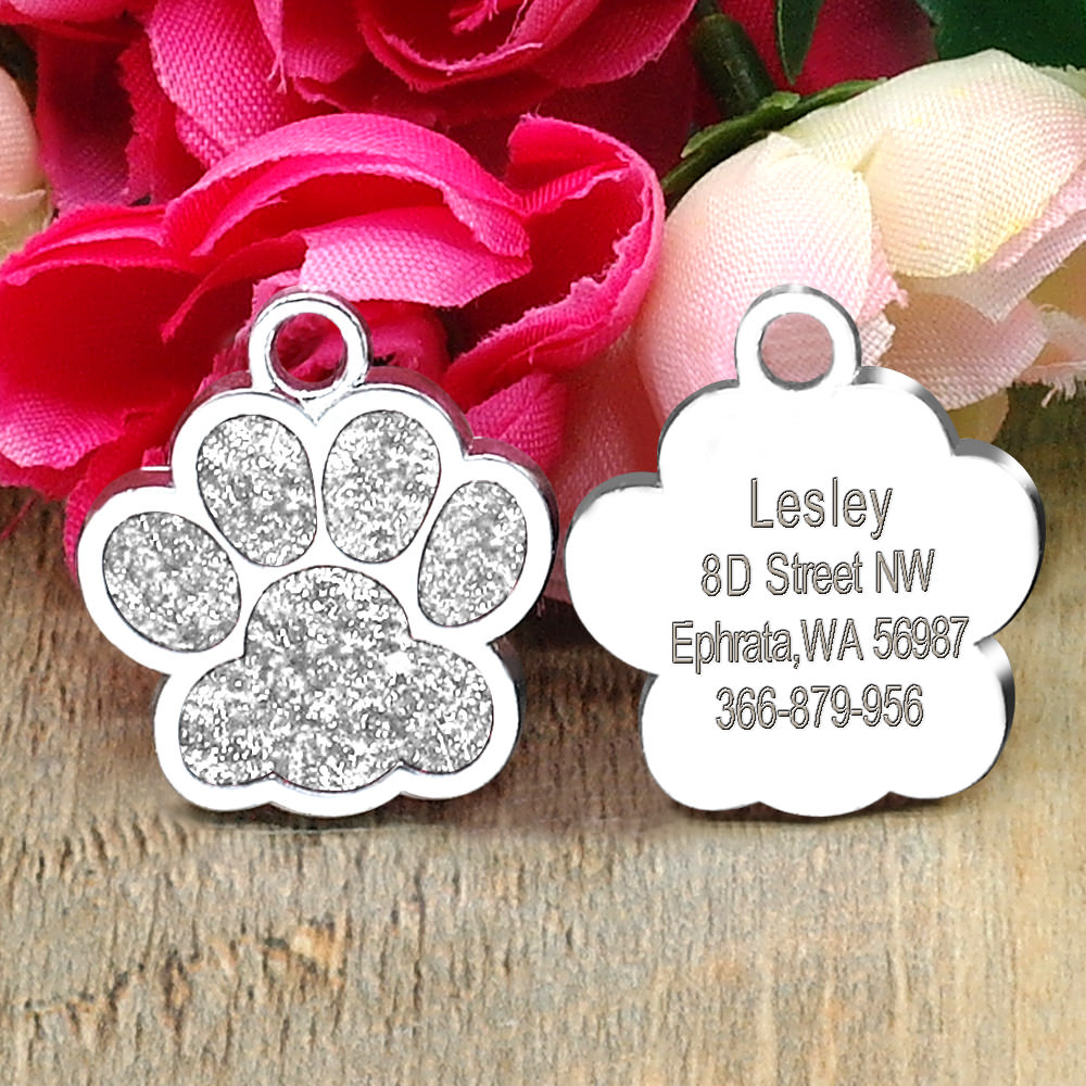 Personalized Dog Tags Engraved Puppy Pet ID Name Collar Tag Paw Glitter+ Whistle