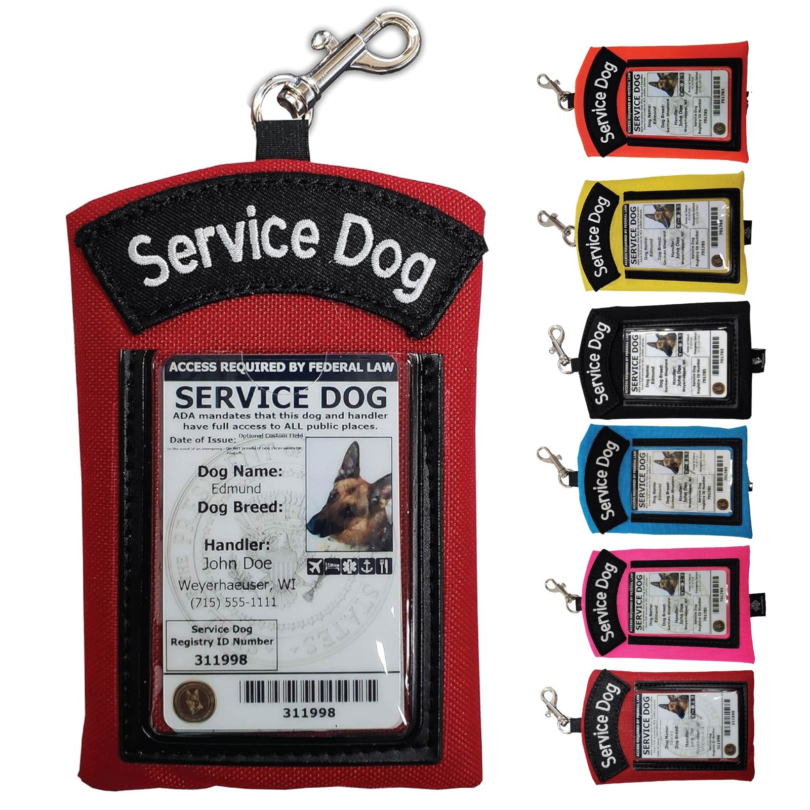 Service Dog ID Card Pouch – Clip-On Badge Holder with Zipper Pocket, Red 5″x4