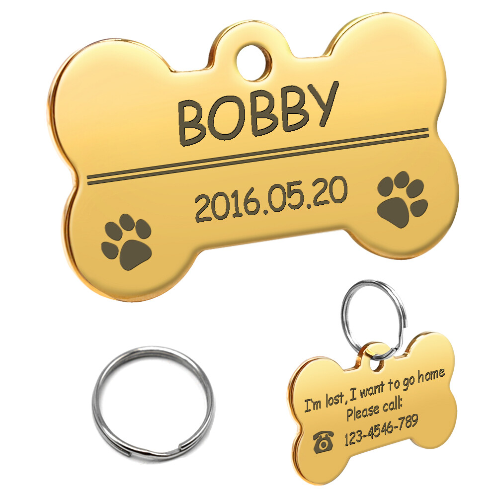 Stainless Steel Personalized Dog Tag Bone Shape Pet Dog ID Name Phone Engraved
