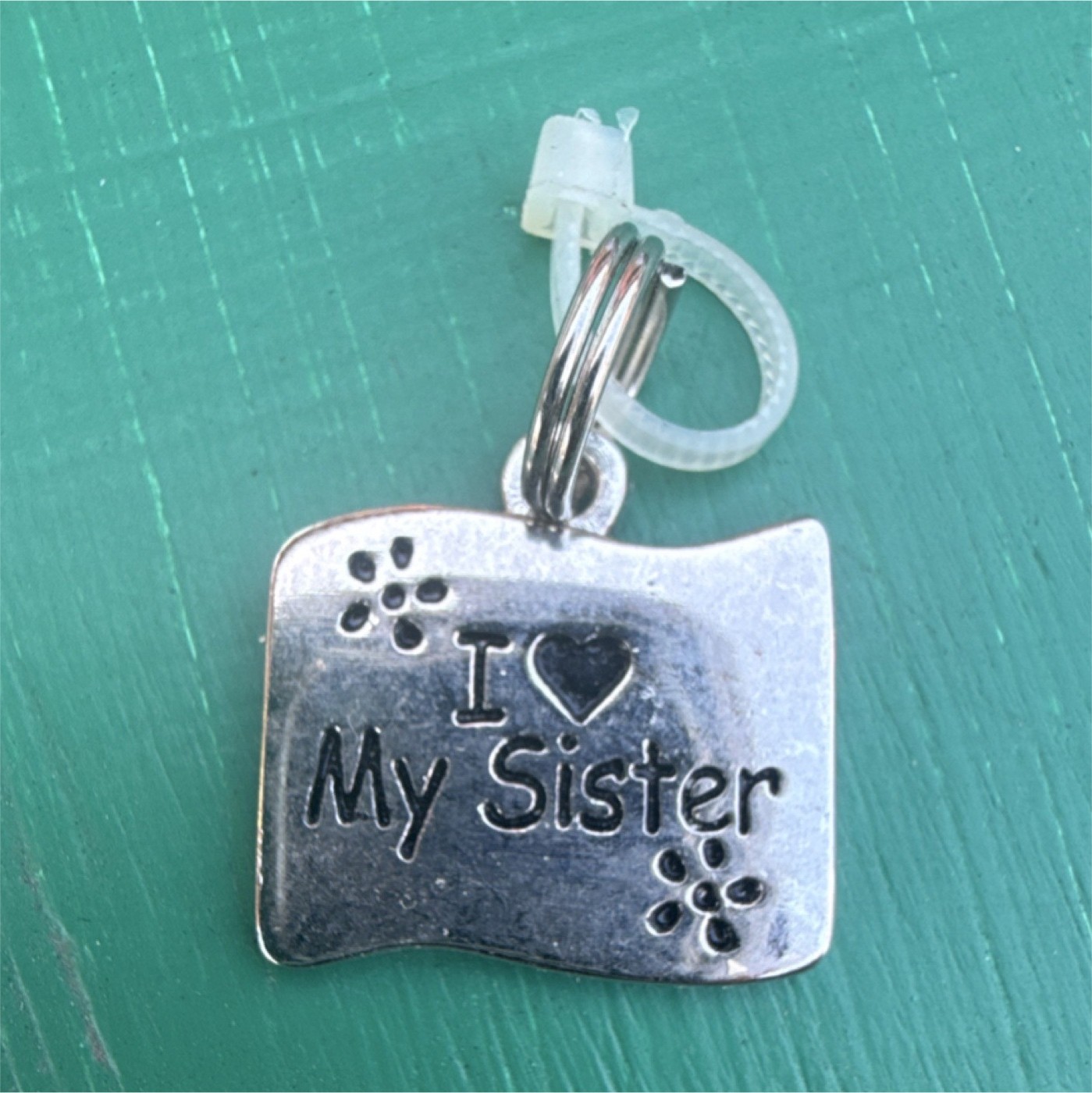 Silver Metal ‘I Love My Sister’ Dog Collar Charm with Paw Prints
