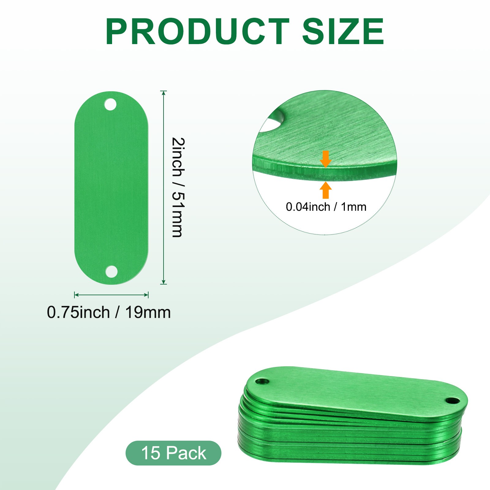 15-Pack 2″ x 0.75″ x 0.04″( L x W x T ) Blank Dog Tags [Green, 2 Holes]