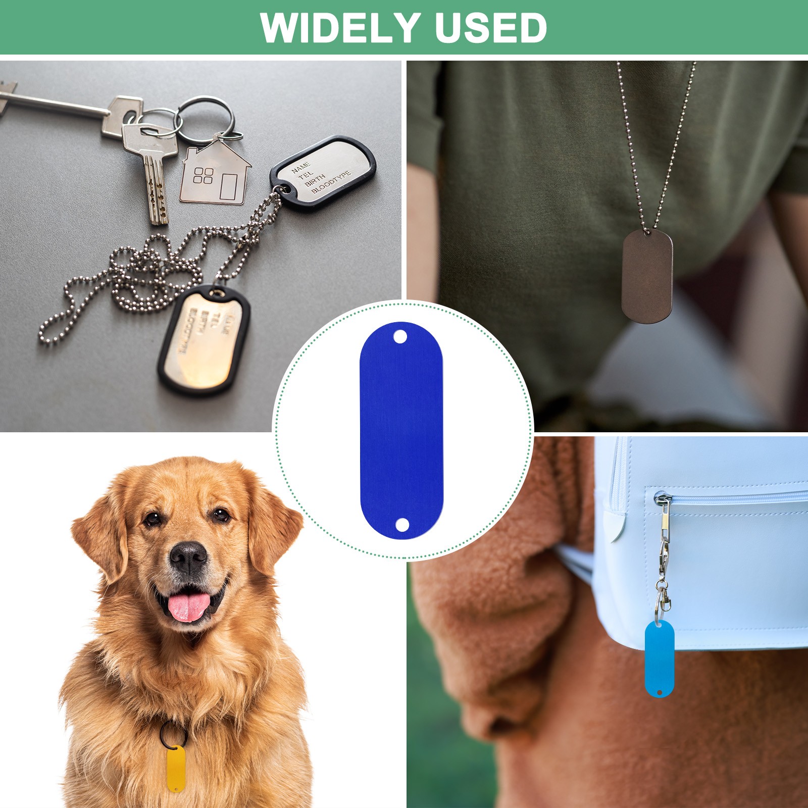 25-Pack 2″ x 0.75″ x 0.04″( L x W x T ) Blank Dog Tags [Blue, 2 Holes]