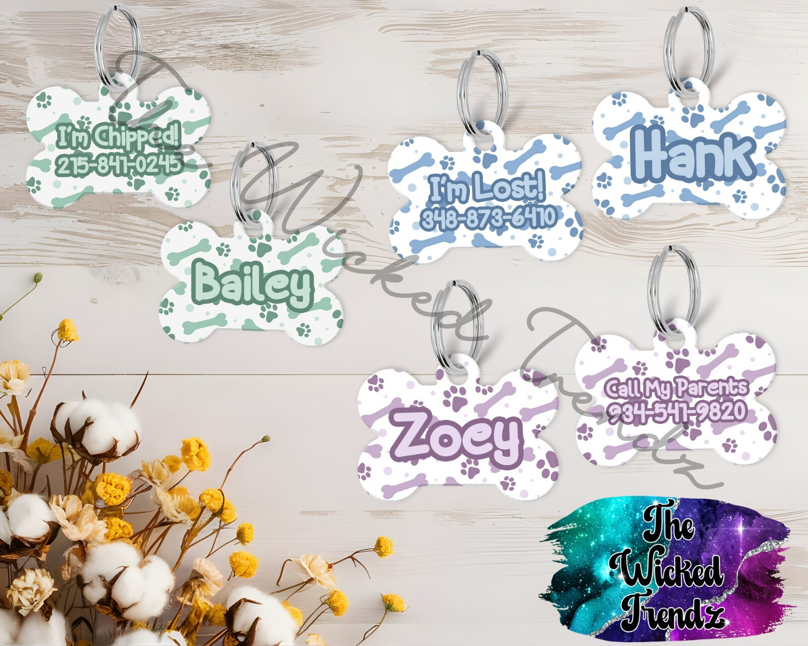 Cute Paw Print Blue Green Purple Custom Personalized Pet Name ID Dog Tag Number