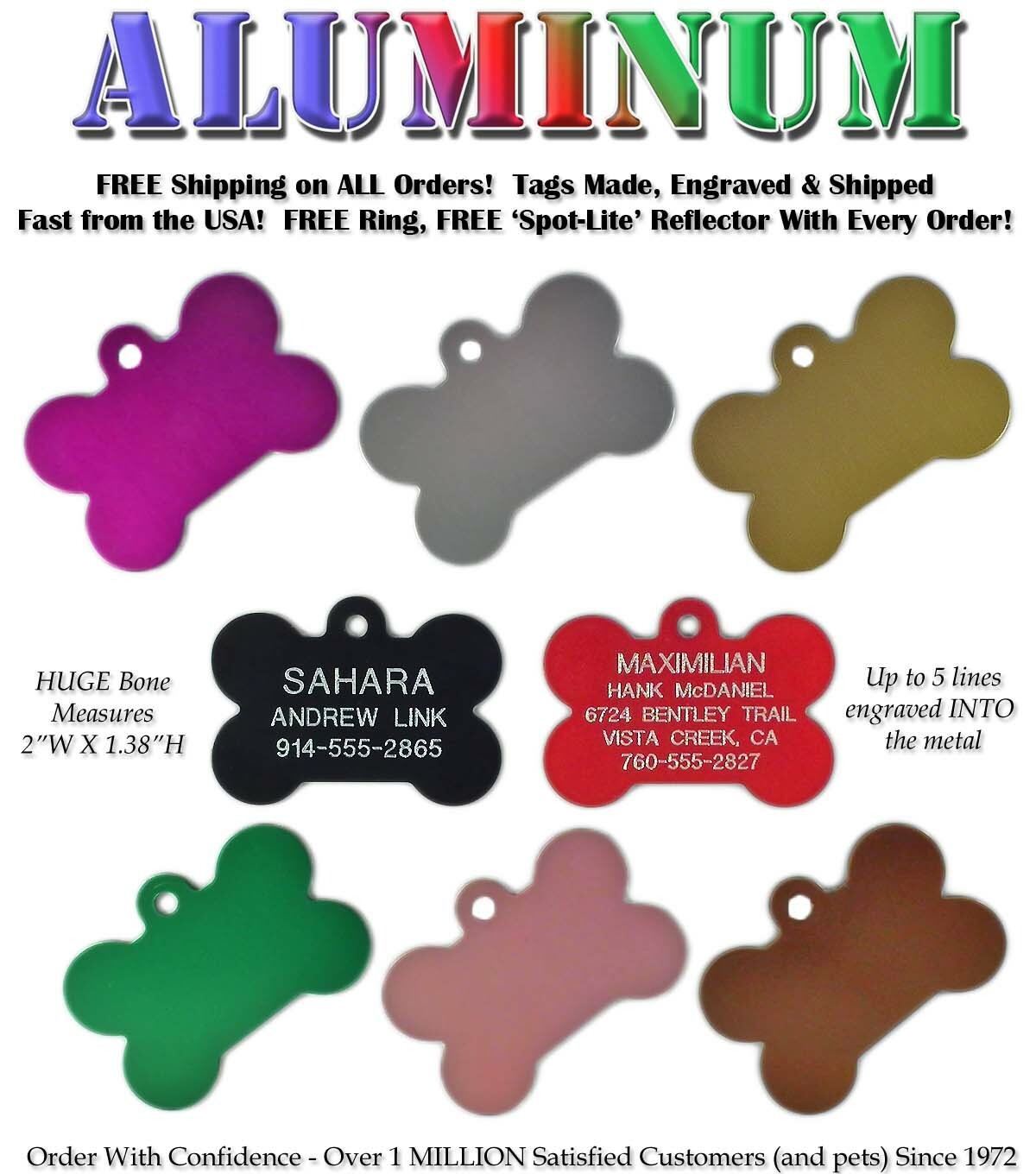 LARGE BONE Pet Dog Identification Name Tags-A Custom Engraved ID Tag – 8 Colors