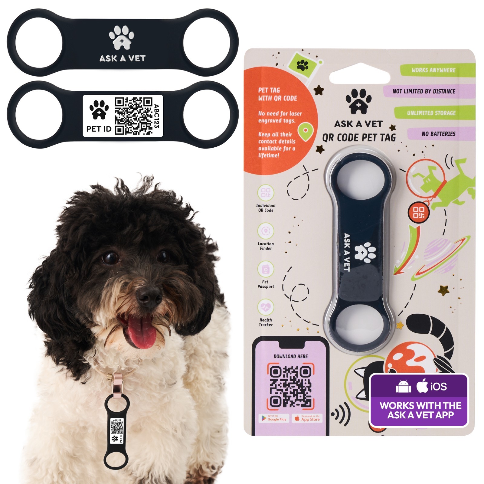 Ask A Vet Pet Slide on ID Tag QR NFC Waterproof Silicone Dog Cat