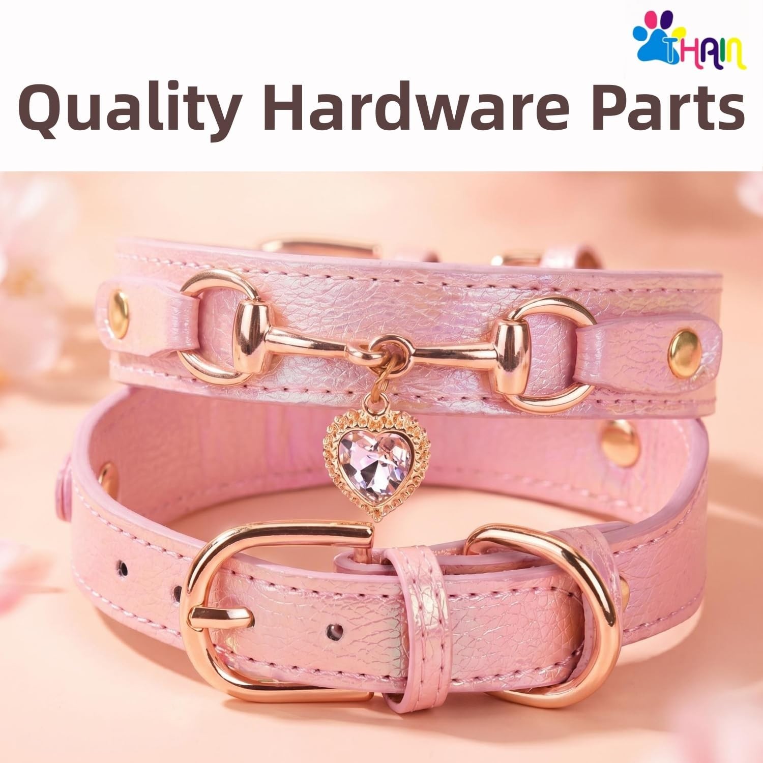 THAIN Fashion Dog Collar with Bling Diamonds & Heart Charm – 5 Holes Adjus