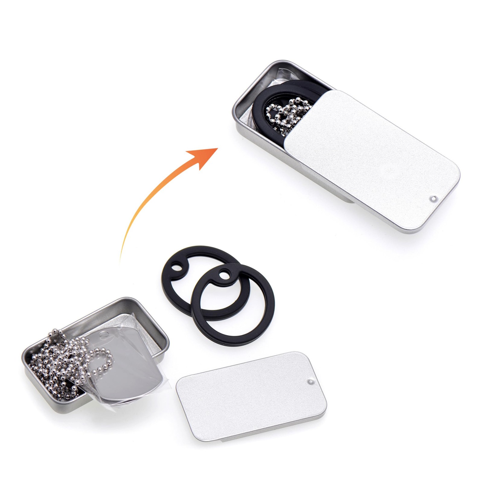 Stainless Steel Dog Tags Military Set Complete with Chains & Black Silencers
