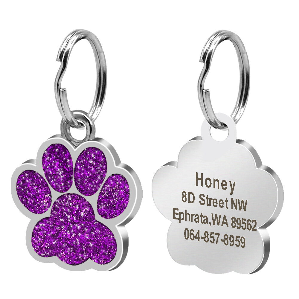Glitter Paw Shape Personalized Dog Tags Custom Pet ID Name Engraved Collar Disc