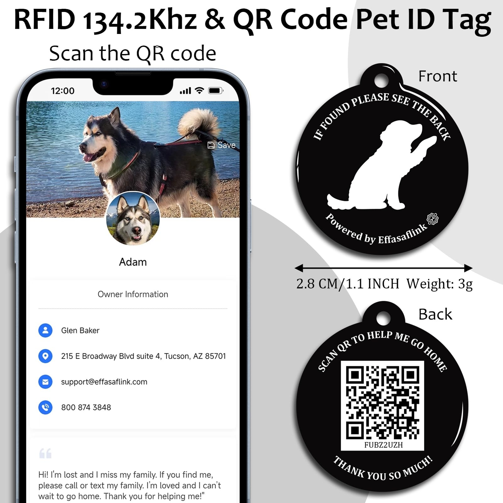RFID 134.2Khz QR Code Pet ID Tag Dual Function Collar Tag for Smart Doors