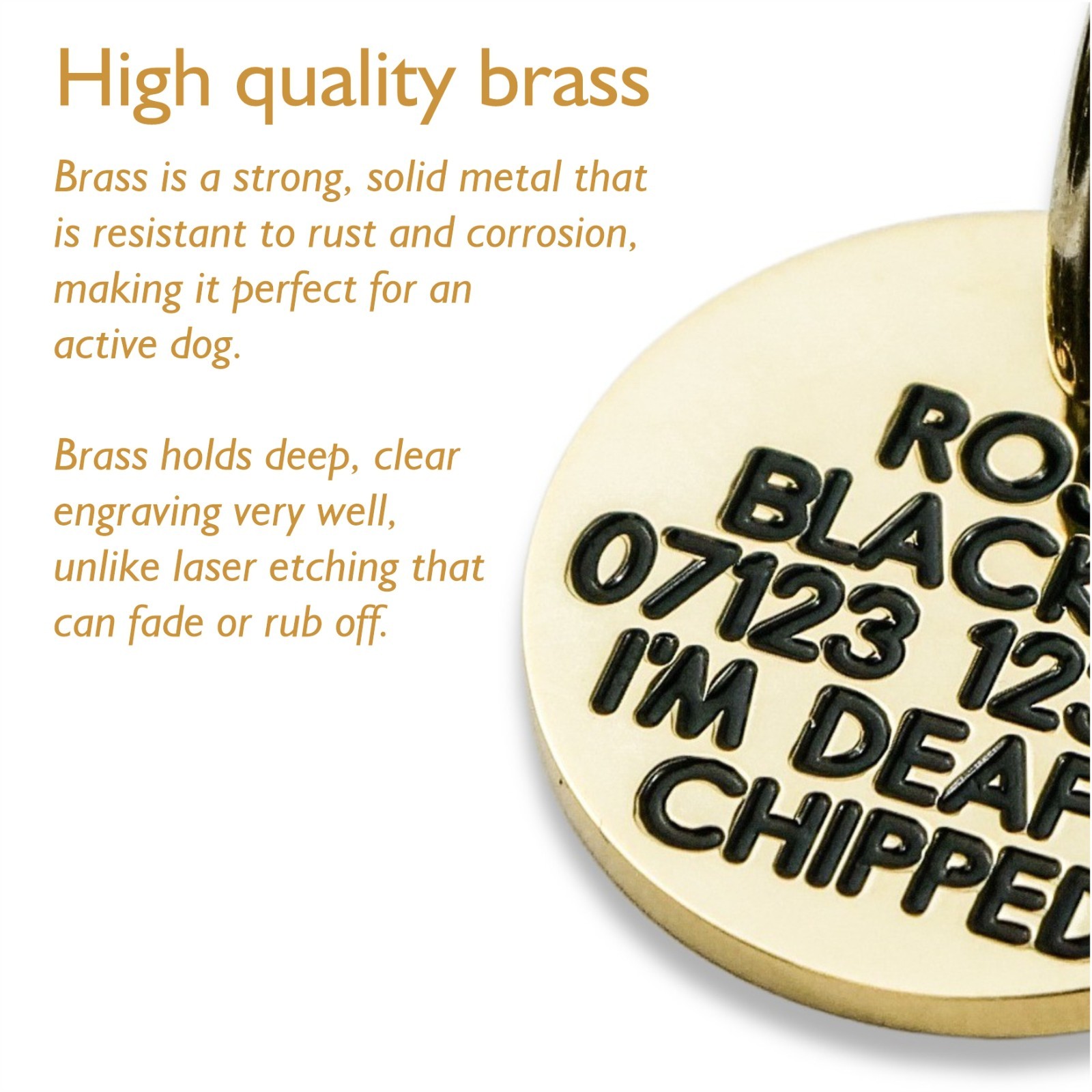 Deeply engraved solid brass dog tag, bone shaped 58mm.Up to 6 lines on each side