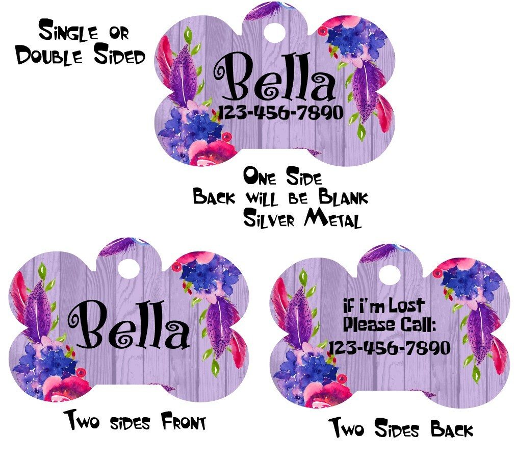 Pet ID Tag Floral Personalized Custom Double Sided Pet Tag w/name & number