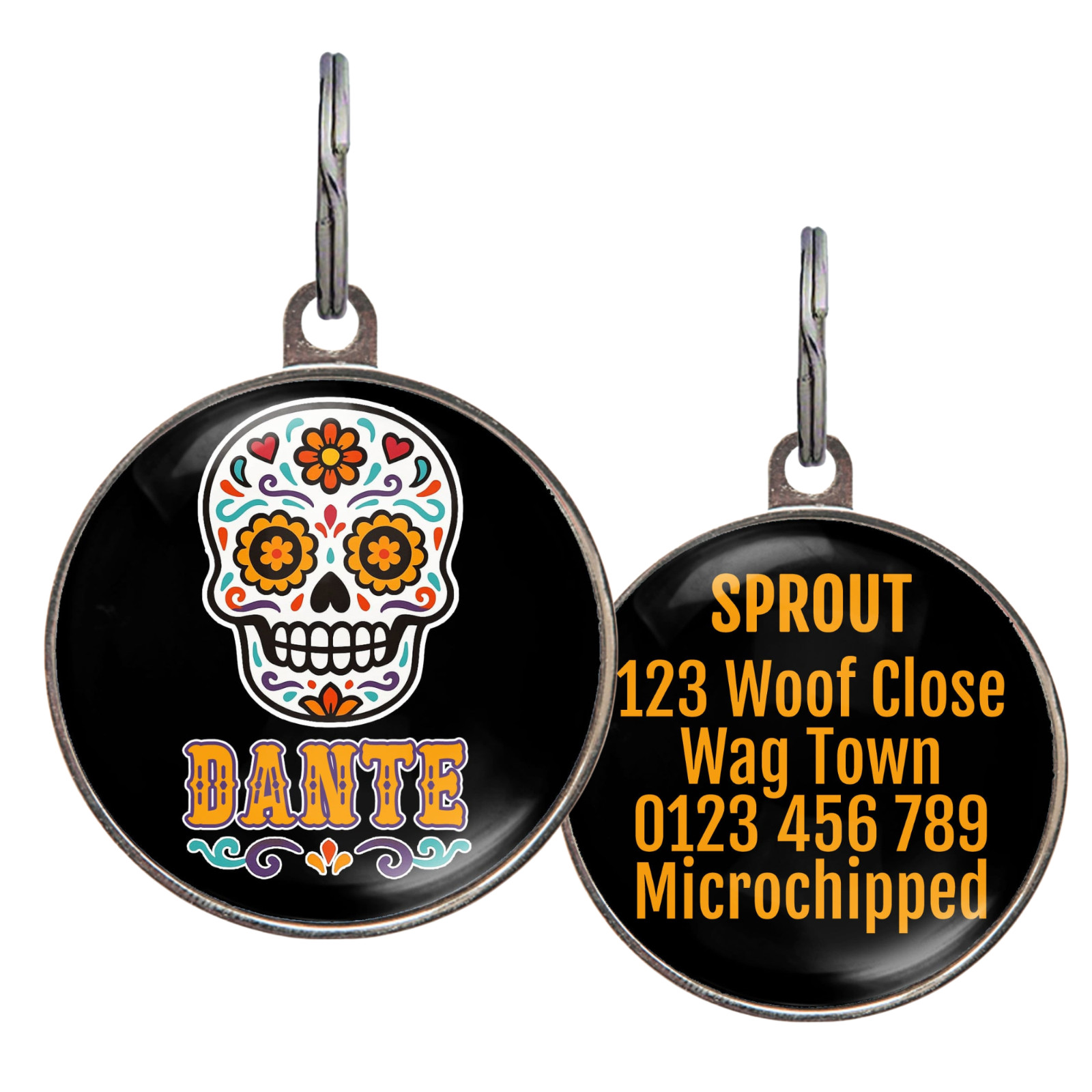Sugar Skull Dog Tag – Day of the Dead Pet Name Tag – 36 Colors – Add Your Info