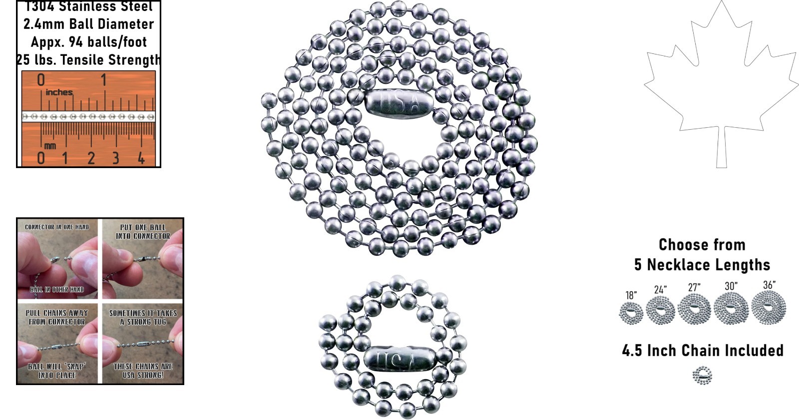 Versatile Military Dog Tag Chains: 2.4mm Stainless Steel, 27in & 4.5in Options
