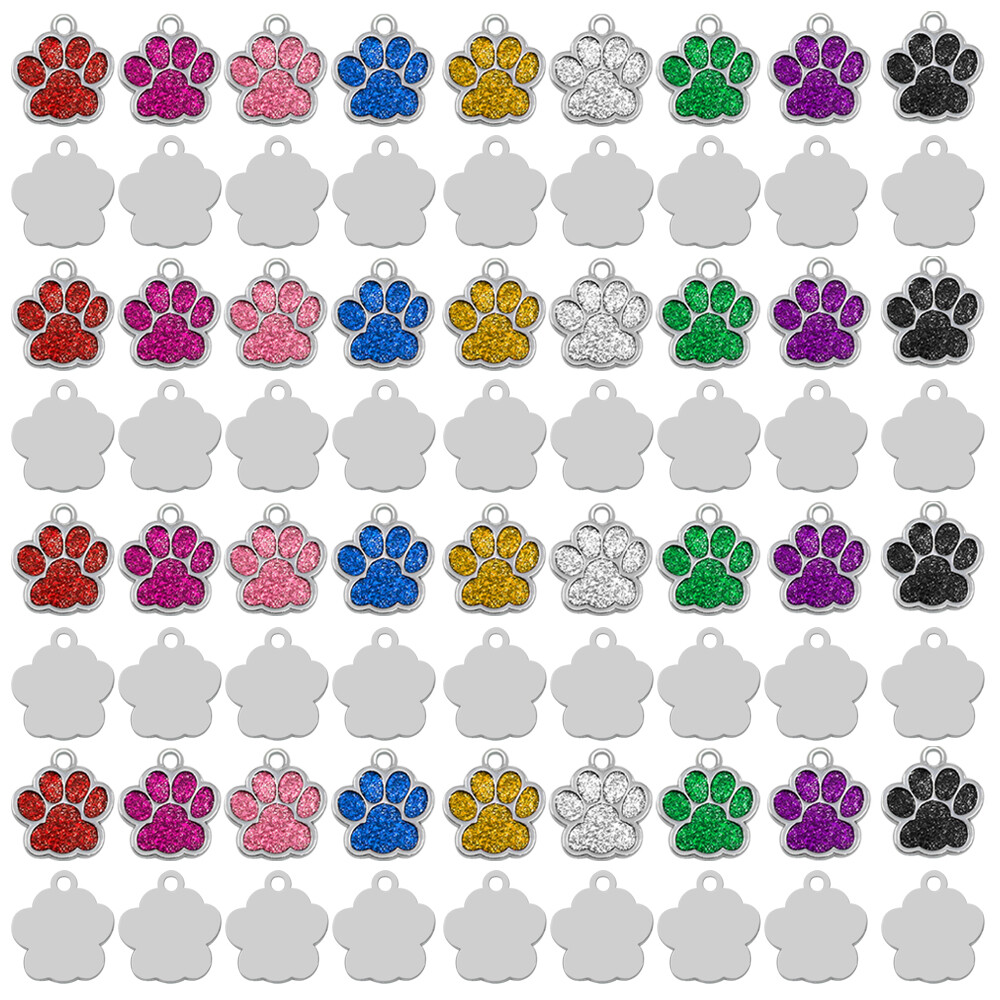 20/50pcs Dog Cat ID Tag Bulk Blank Glitter Paw Print Collar Name Discs 10 Colors