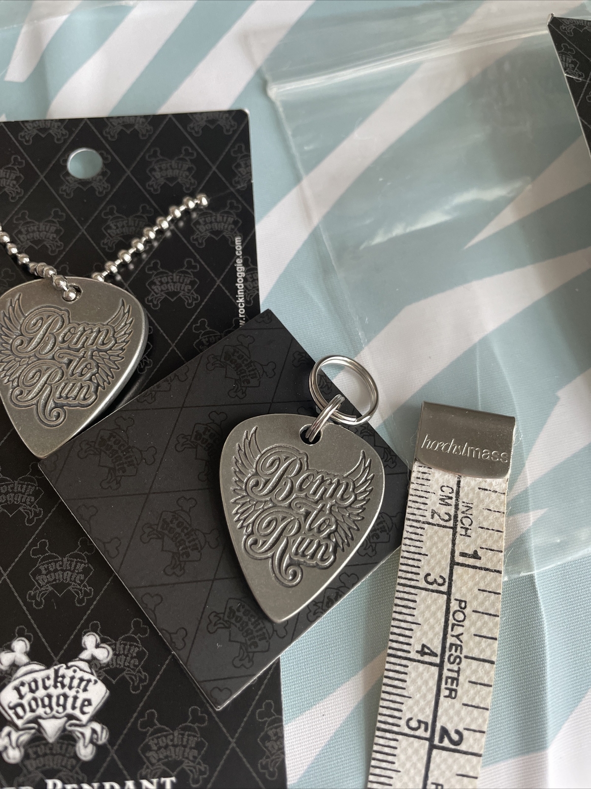 Rockin Doggie Born To Run Guitar Pick Pewter Dog Tag Pet ID & Matching Necklace