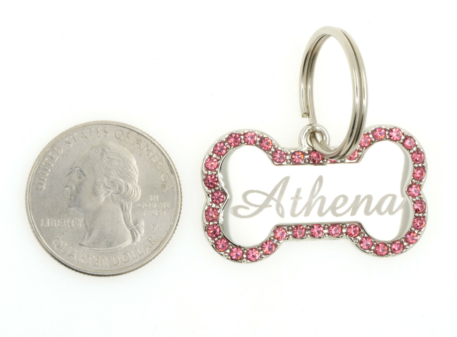 Custom Engraved Personalized Stainless Bone w/ Pink CZ Stones Dog Pet ID Tag