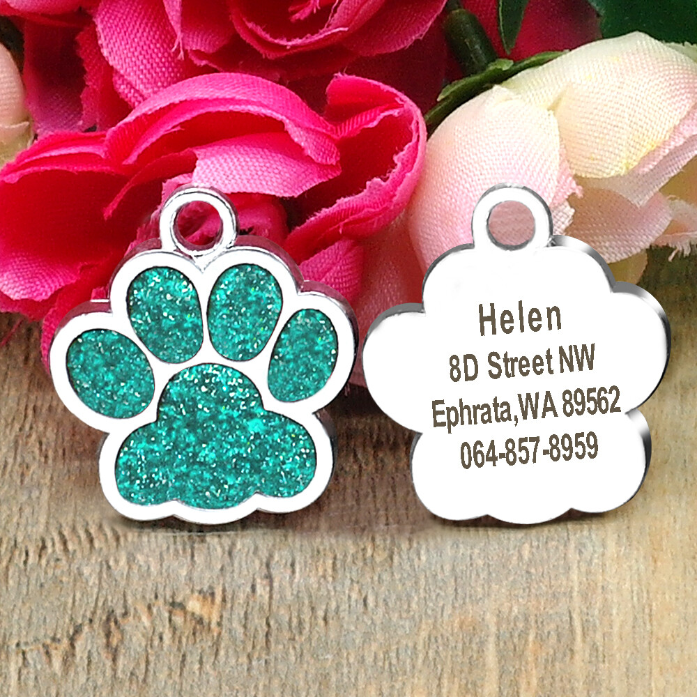 Dog Cat Pet Tag ID Collar Tags Personalized Engraved 24mm Glitter Paw Print Tag
