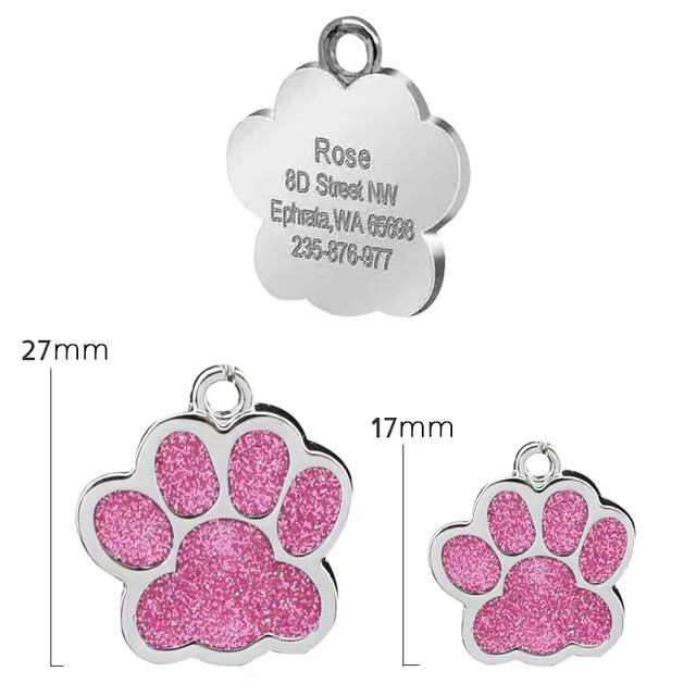 Personalized Dog Cat Tags Free Engraved Pet Puppy ID Anti-lost Name Paw Glitter