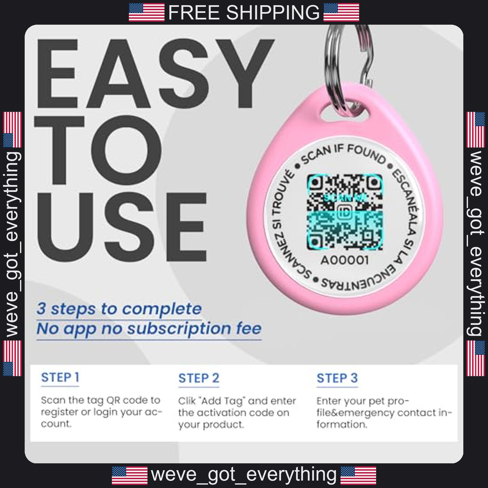 Personalized Dog ID Tag with QR Code Pink Small Pet Safety Tag