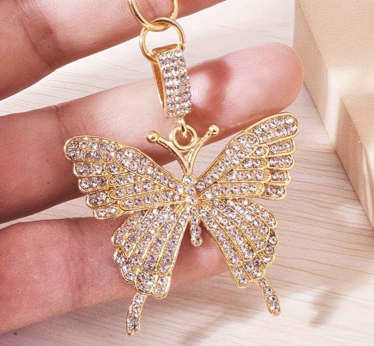GOLDEN BUTTERFLY BAG CHARM KEYCHAIN W/ CLEAR CRYSTALS FOR HANDBAG PURSE BACKPACK