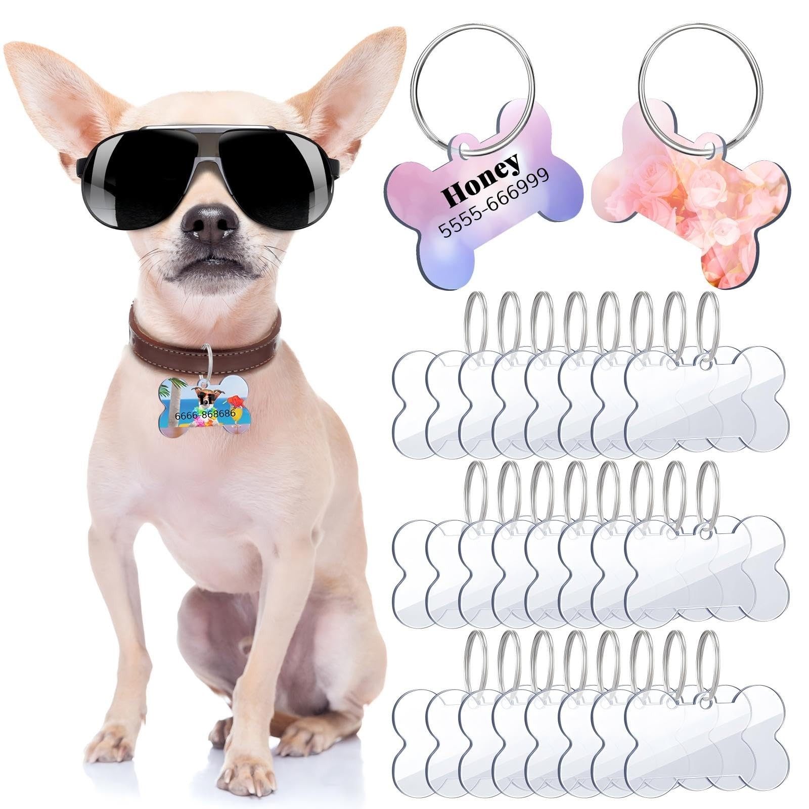 24 Pcs Blank Acrylic Dog Tag 1.49 x 1 Inch Double Dise Bone Shap Tags with Ke…