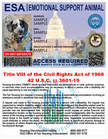 EMOTIONAL SUPPORT ANIMAL ID ESA PHYSICAL & DIGITAL CUSTOMIZABLE DUAL SIDED