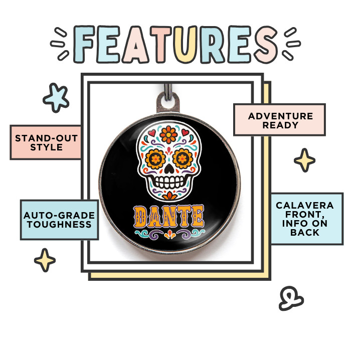 Sugar Skull Dog Tag – Day of the Dead Pet Name Tag – 36 Colors – Add Your Info