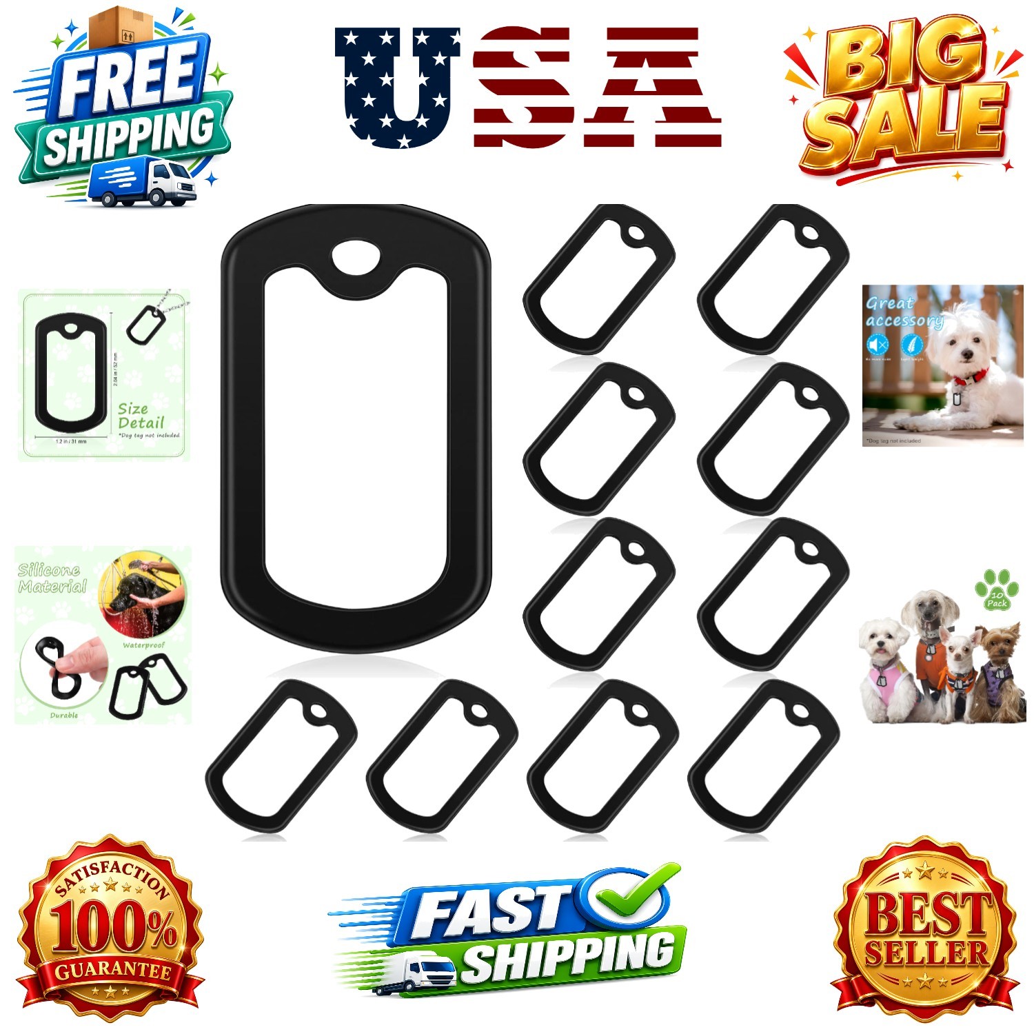 10 Pack Silencers Black Silicone for Military ID Tags,2.04 x 1.22 Inches