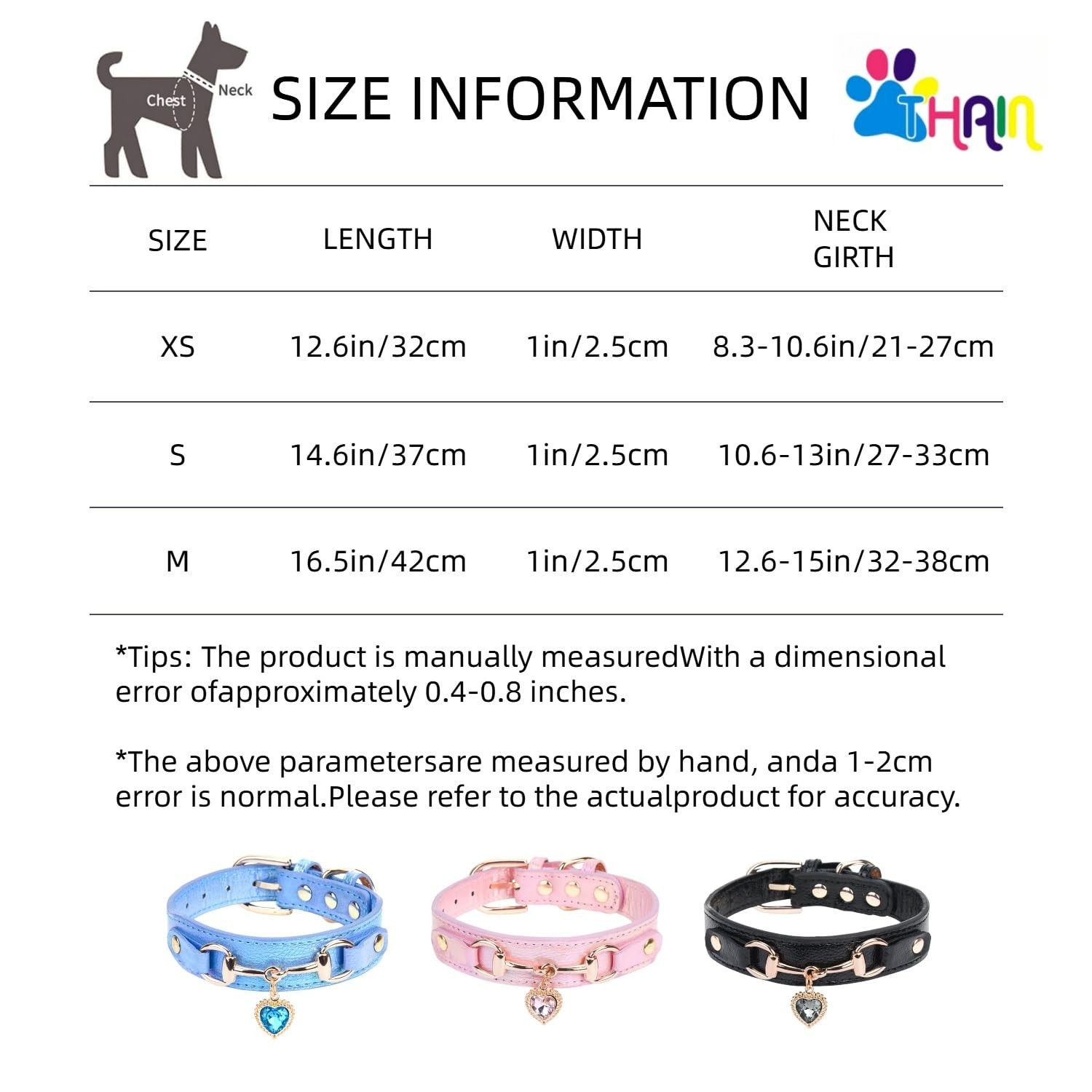 THAIN Fashion Dog Collar with Bling Diamonds & Heart Charm – 5 Holes Adjus
