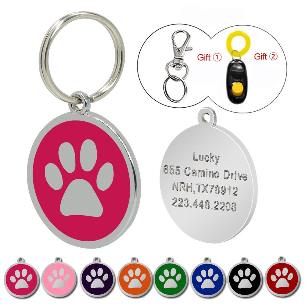Paw Print Personalized Dog Tag Custom Name ID Collar Tag Engraved Free Clicker