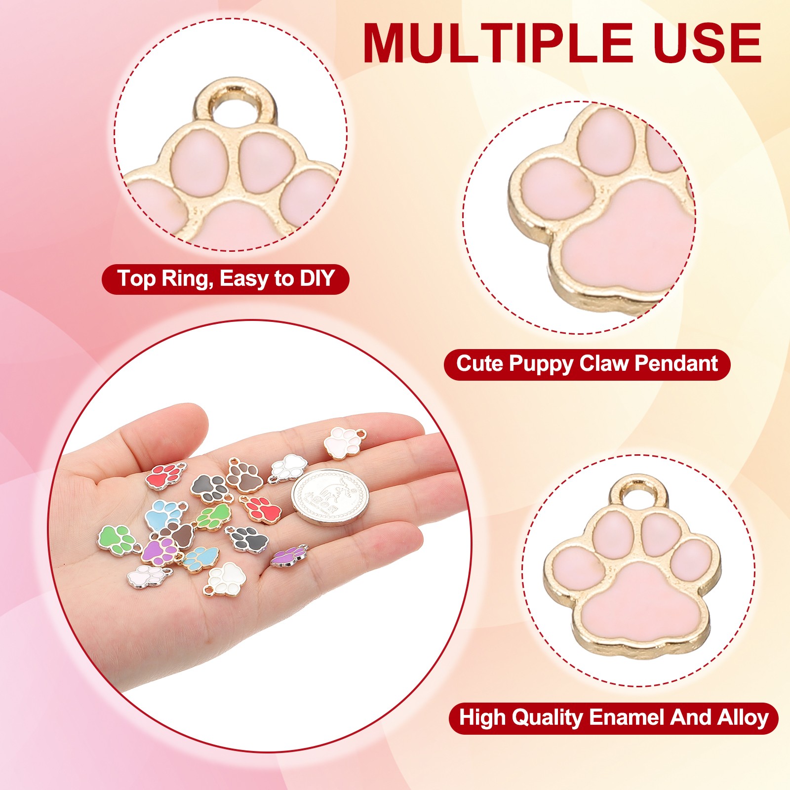 100 Pcs Pink/Gold Enamel Paw Print Charm Alloy Enamel Pendants