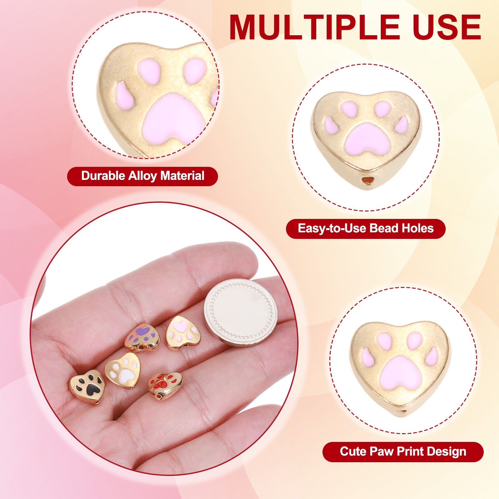 Paw Print Heart Beads, Enamel Alloy Dog Cat Paw Charms Pendant, 50Pcs(Pink)