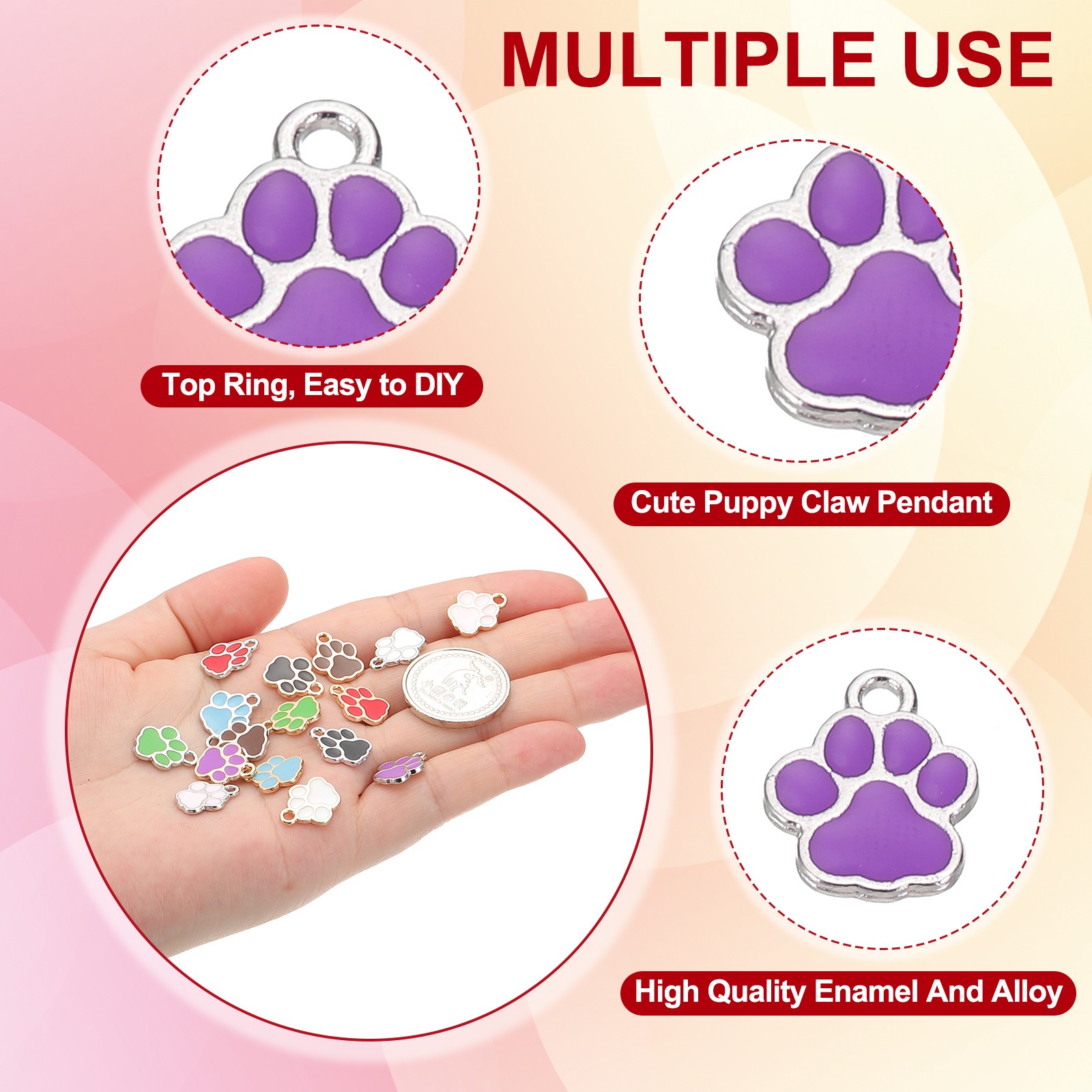 Enamel Paw Print Charm, 100Pcs Alloy Enamel Pendants , Purple/silver