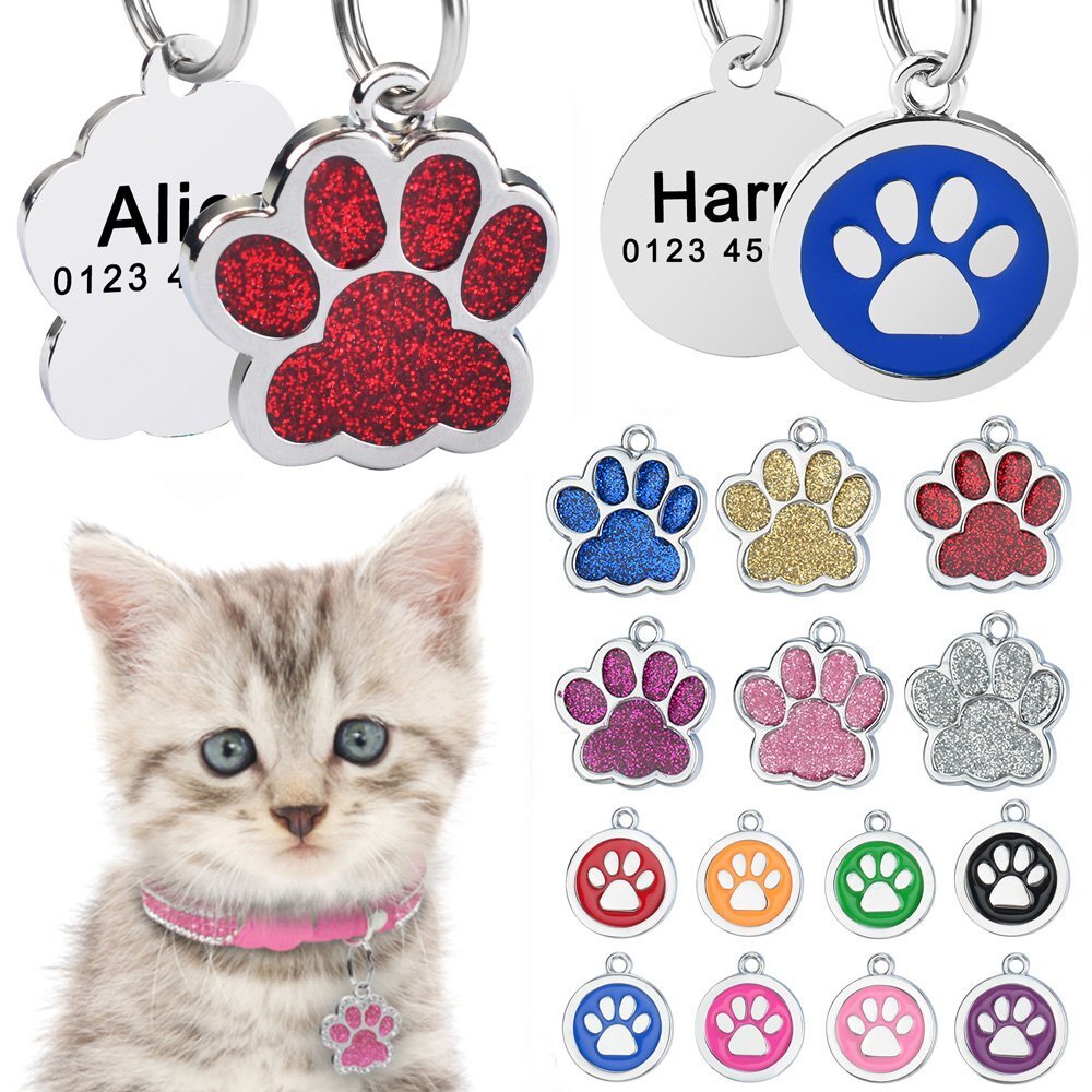 Personalized Dog Cat Tags Free Engraved Name Puppy Kitten Pet Number Paw Glitter