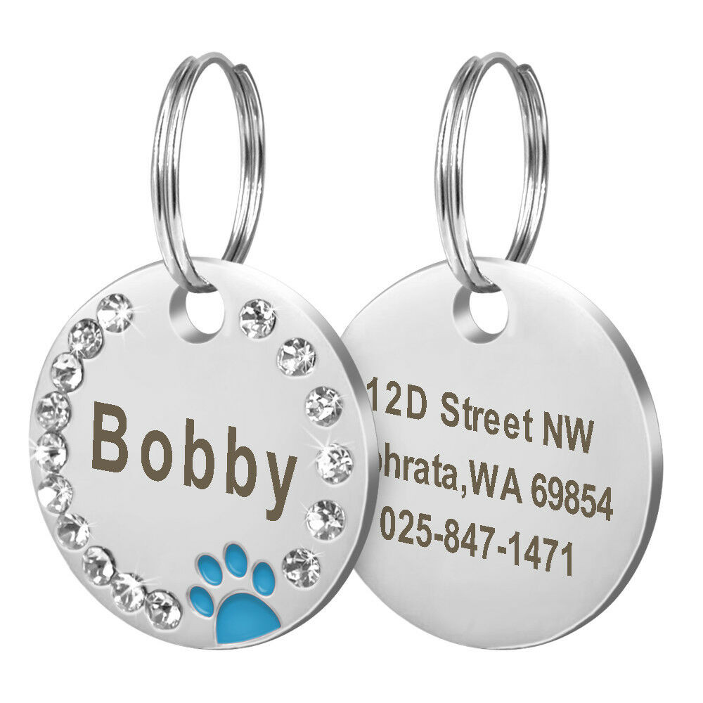 Paw Print Rhinestones Custom Laser Engraved Dog Cat Tag Personalized/Free Ring