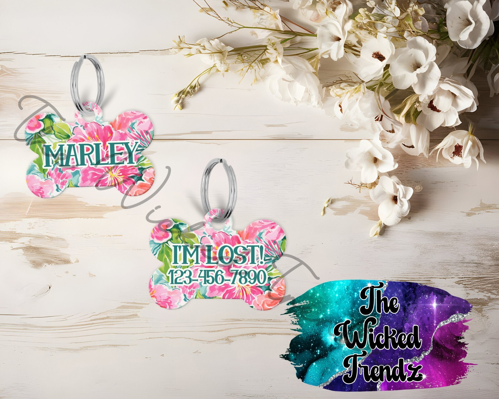Cute Pink Tropical Floral Island Flowers Custom Personalized Pet Dog Name ID Tag