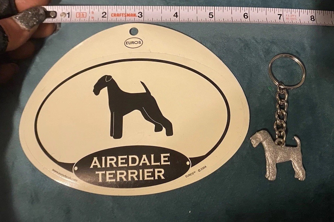 Airdale Terrier Dog Pewter Keychain And Airdale Terrier Euros Sticker UNUSED