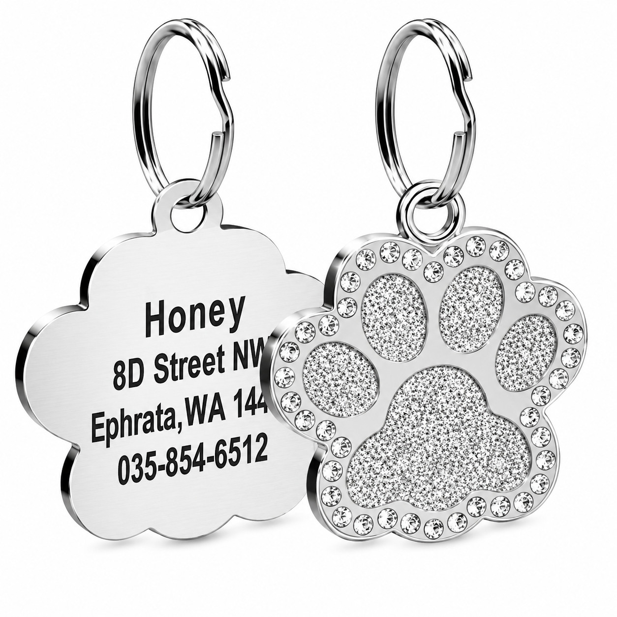 Personalized Pet ID Tag Custom Engraved Dog Cat Name Tag Glitter Paw Charm
