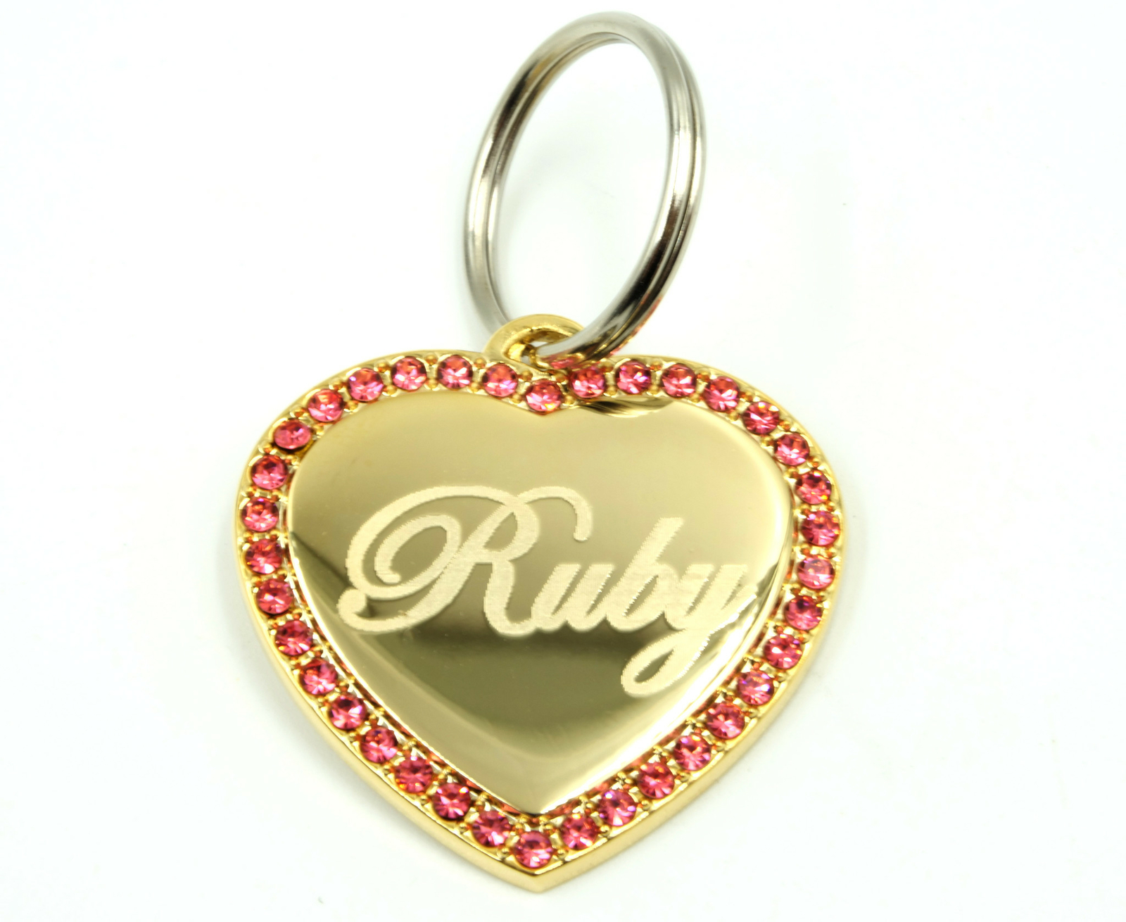 Custom Engraved Personalized Gold Plated Heart w/ Pink CZ Stones Dog Pet ID Tag