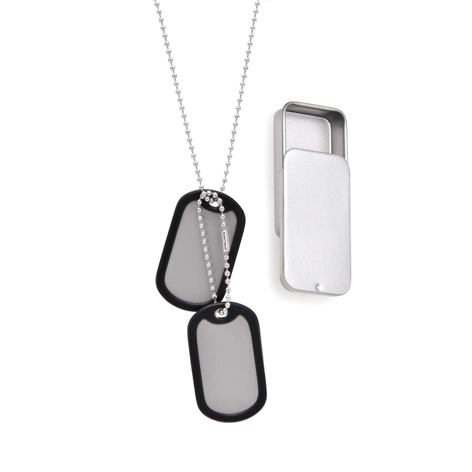 Stainless Steel Dog Tags Military Set Complete with Chains & Black Silencers