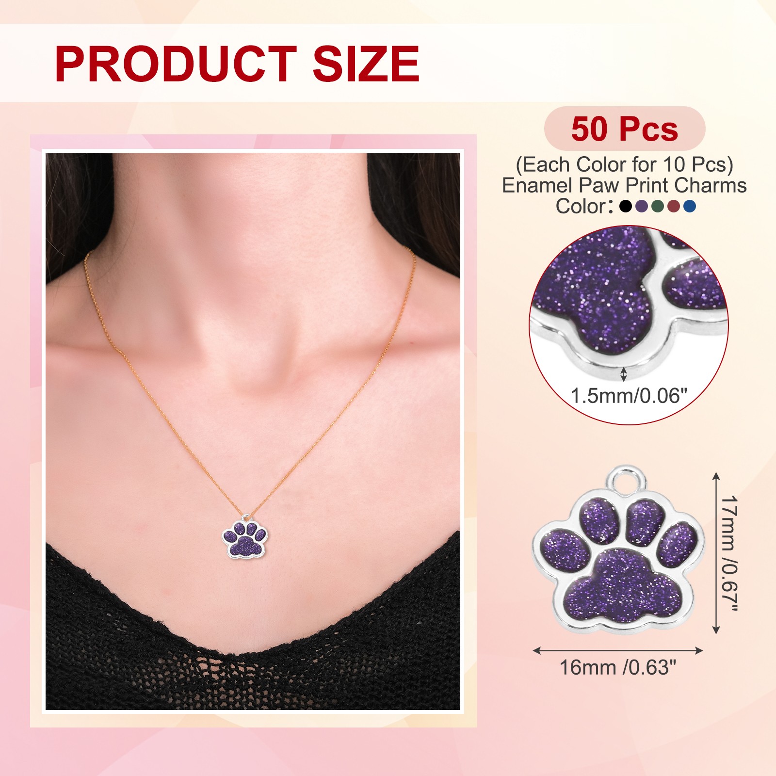 Glitter Enamel Paw Print Charms, 50Pcs(Silver Tone/Black/Purple/Blue/Green/Red)