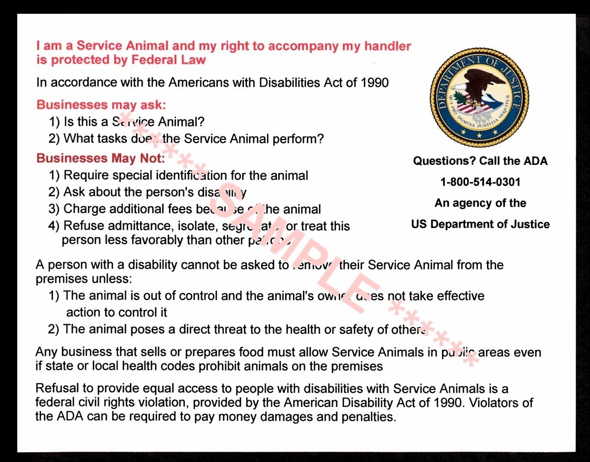 SERVICE DOG INFORMATION & RIGHTS CARDs package of 4