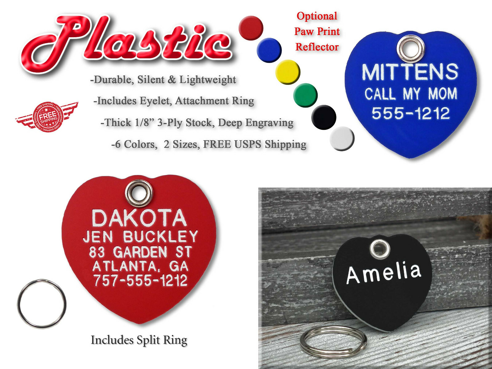 Plastic Heart Shape Pet ID Tags Custom Engraved Durable Dog Name Identification
