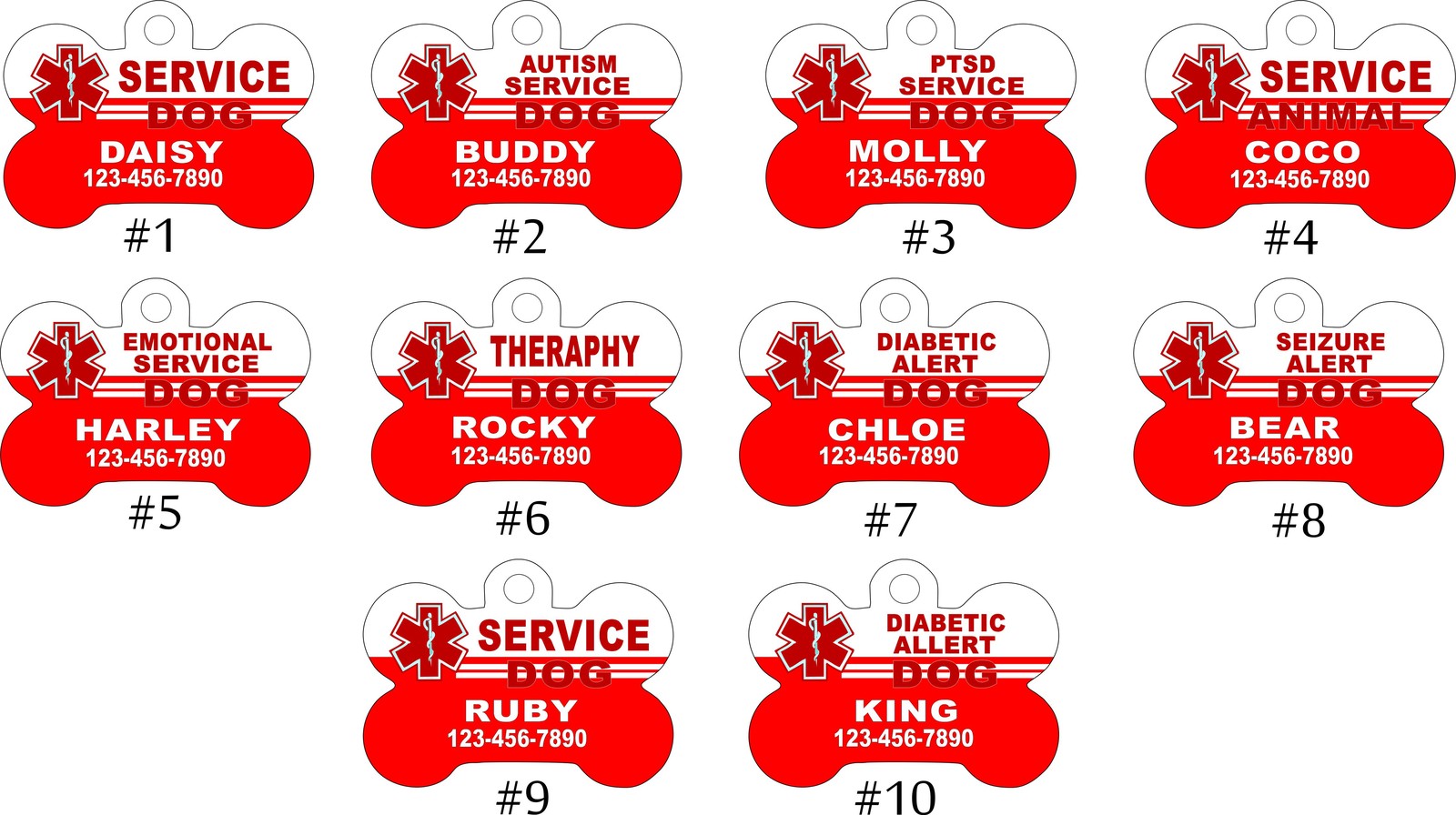 CUSTOM PERSONALIZED PET TAG ID DOG BONE Unique Tag SERVICE, PTSD, SEIZURE, MEDIC
