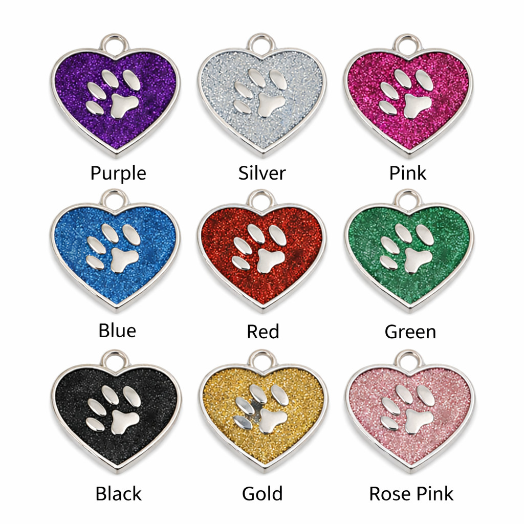 PET ID TAG CUSTOM ENGRAVED PERSONALIZED DOG CAT NAME TAGS HEART Glitter Dog Tags