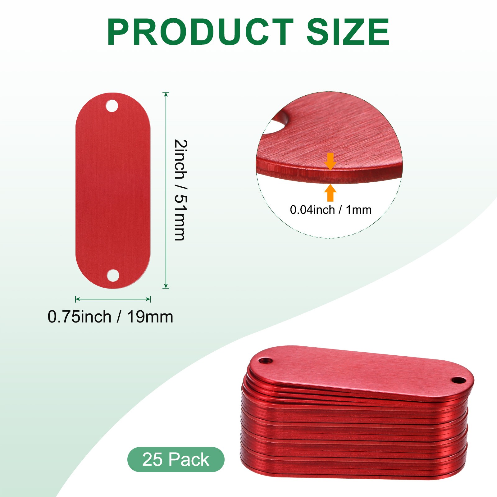 25-Pack 2″ x 0.75″ x 0.04″( L x W x T ) Blank Dog Tags [Red, 2 Holes]