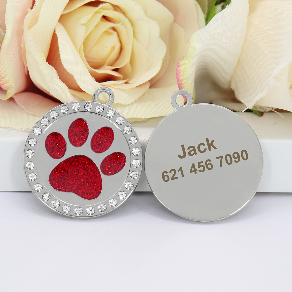 Paw Cat Dog Tags Personalized Custom Pet Name ID Engraved Rhinestone Bling Tag