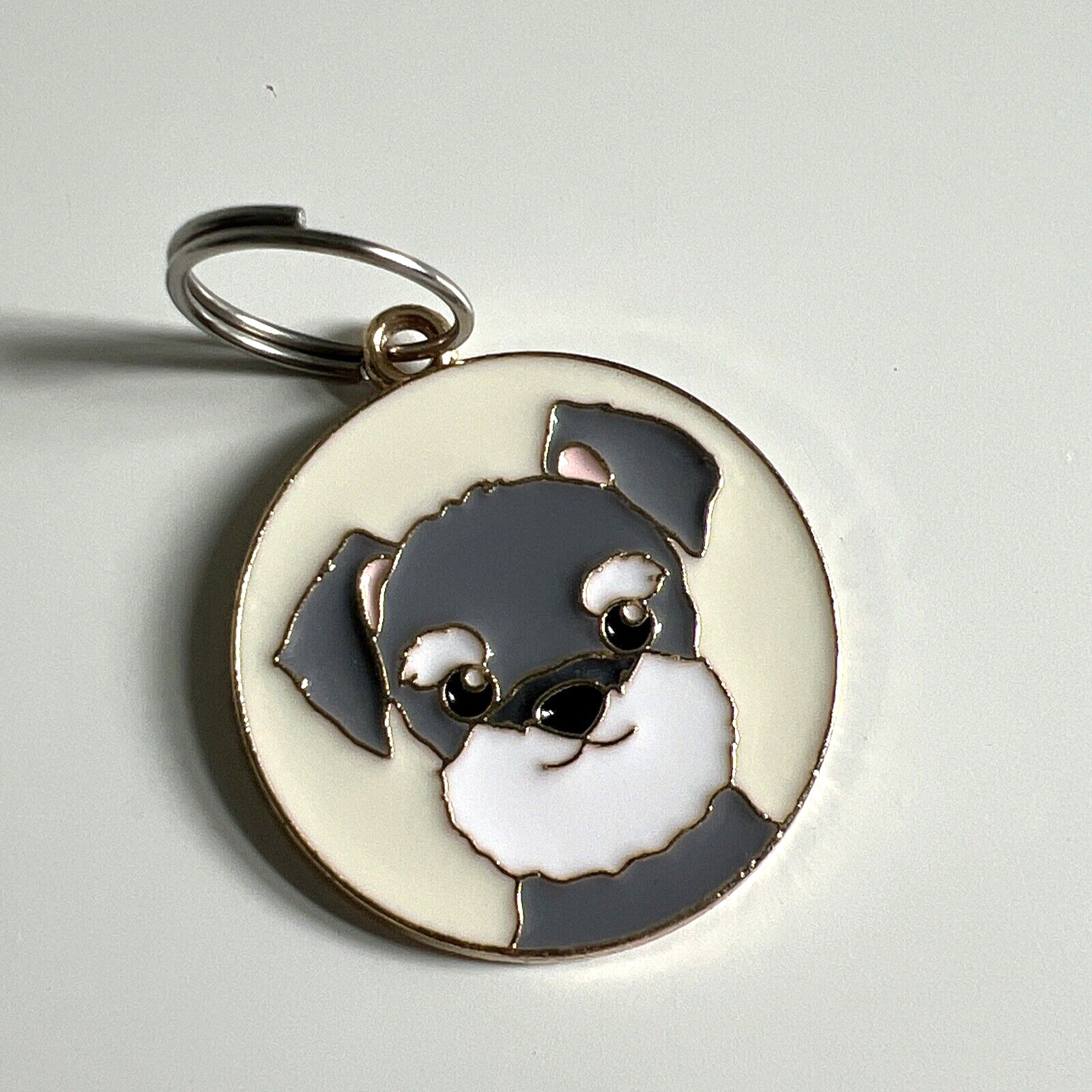 Schnauzer Dog Enamel Collar Tag Key Chain Round Face Puppy Gray White Necklace C