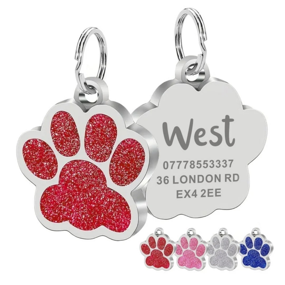 Custom Engraved Pet ID Tag Dog Cat Name Tag Glitter Paw Charm Waterproof